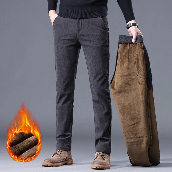 Khaki Black Gray Fleece Men's Corduroy Casual Pants Chenille Thick Stretch Business Trousers Mid-rise Brand Winter Thermal Pants