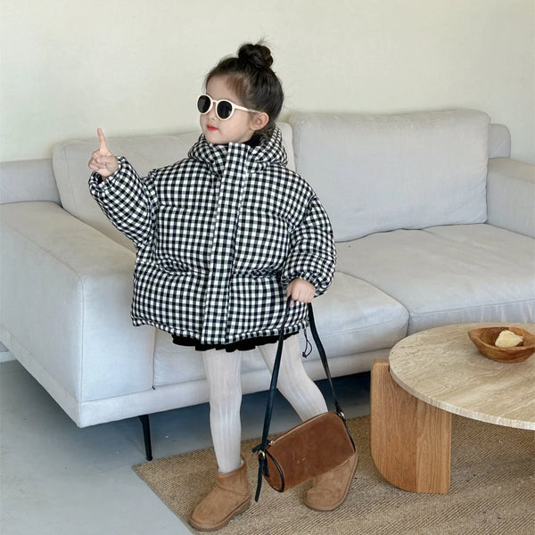 Girls Coat 2024 Winter New Childrens Clothing Baby Girls Cute Foreign Style Plaid Hooded Thick Warm Cotton-padded Casual