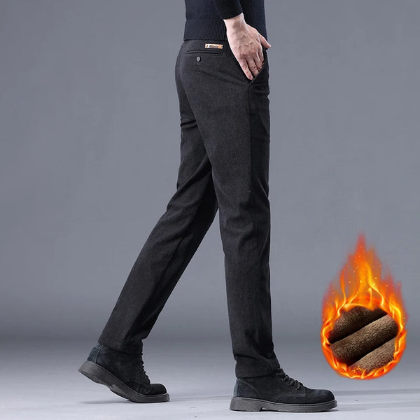 Khaki Black Gray Fleece Men's Corduroy Casual Pants Chenille Thick Stretch Business Trousers Mid-rise Brand Winter Thermal Pants