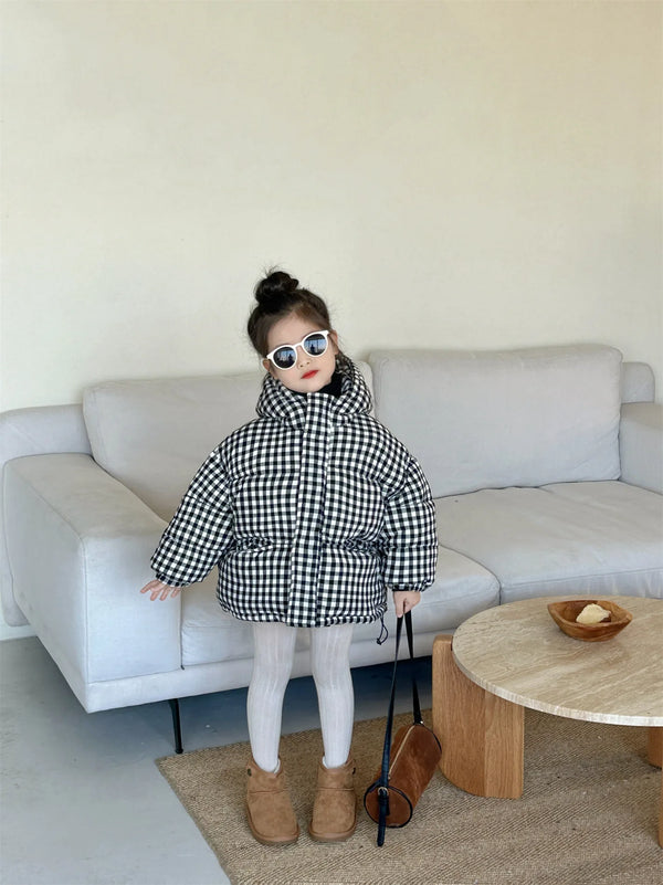 Girls Coat 2024 Winter New Childrens Clothing Baby Girls Cute Foreign Style Plaid Hooded Thick Warm Cotton-padded Casual