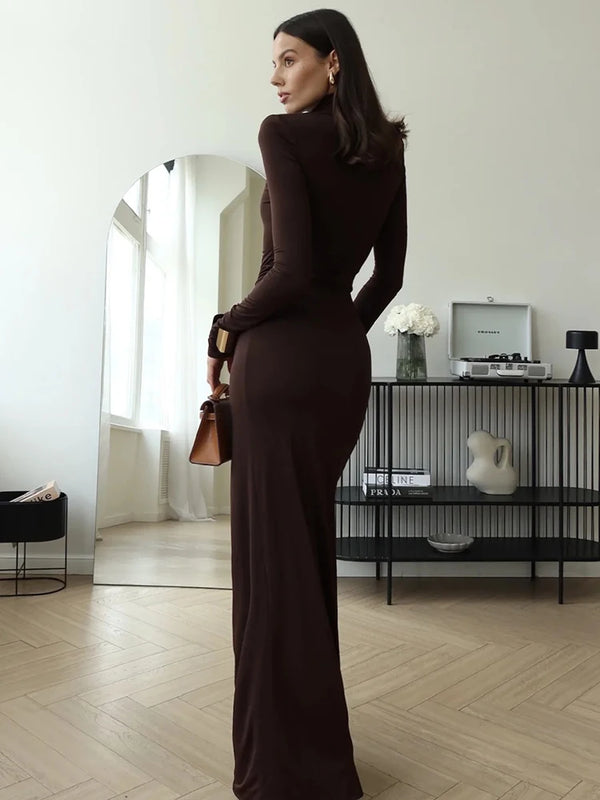 Mozision Turtleneck Thigh High Split Sexy Maxi Dress For Women Fashion