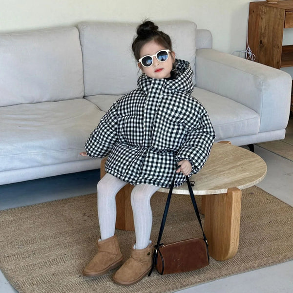 Girls Coat 2024 Winter New Childrens Clothing Baby Girls Cute Foreign Style Plaid Hooded Thick Warm Cotton-padded Casual