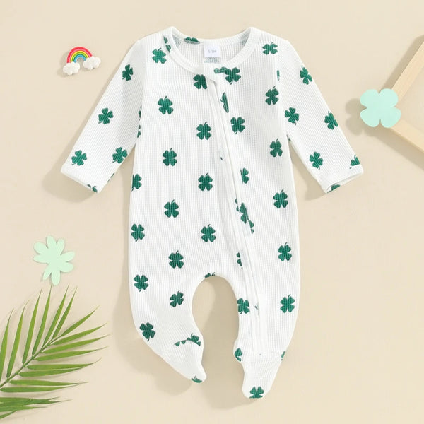 Toddler St Patrick s Day  Green Clover Print Round Neck Long Sleeve