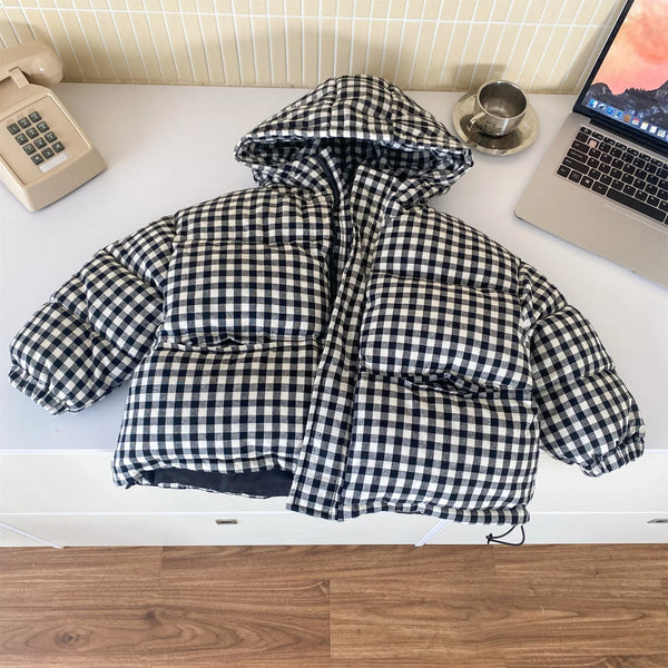 Girls Coat 2024 Winter New Childrens Clothing Baby Girls Cute Foreign Style Plaid Hooded Thick Warm Cotton-padded Casual