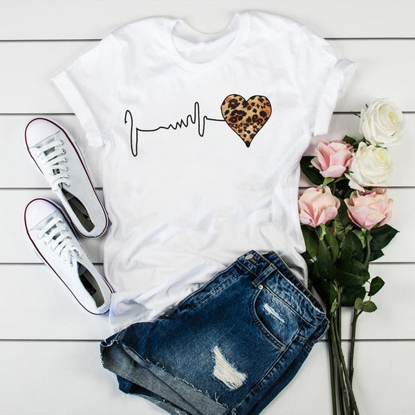 Women's Leopard Heartbeat Short Sleeve T-Shirt