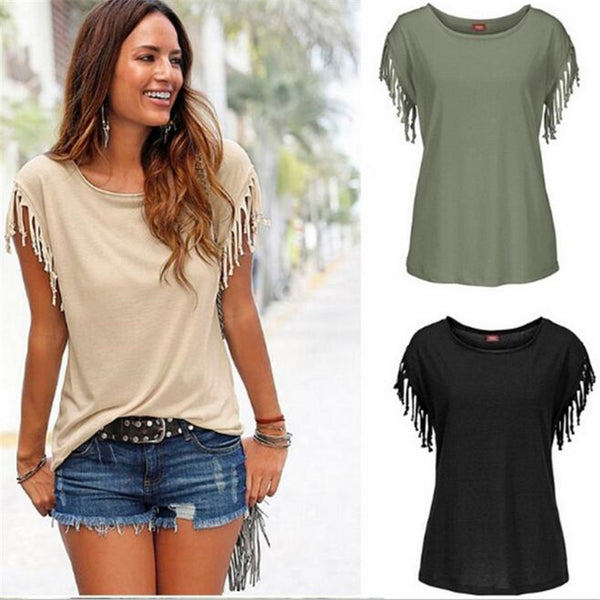 Women Cotton Tassel Casual T-shirt