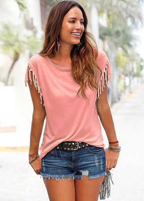 Women Cotton Tassel Casual T-shirt