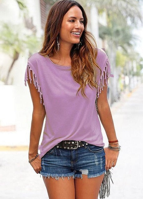 Women Cotton Tassel Casual T-shirt