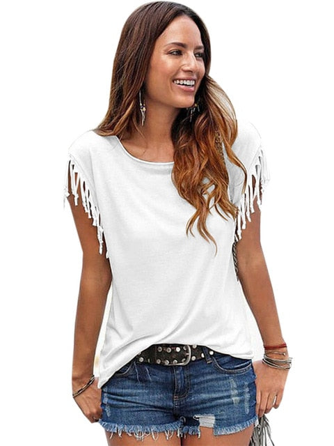 Women Cotton Tassel Casual T-shirt