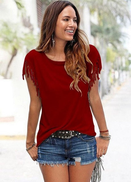 Women Cotton Tassel Casual T-shirt