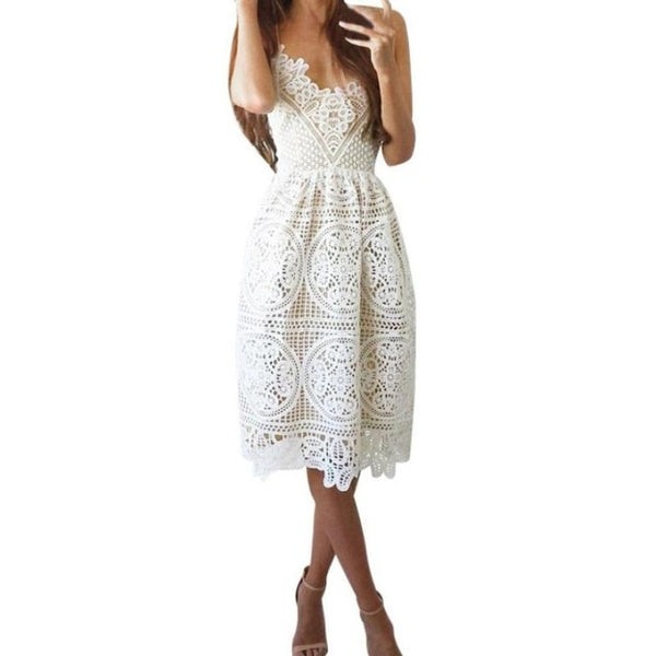 Women Lace V Neck Dress White Elegant Dress